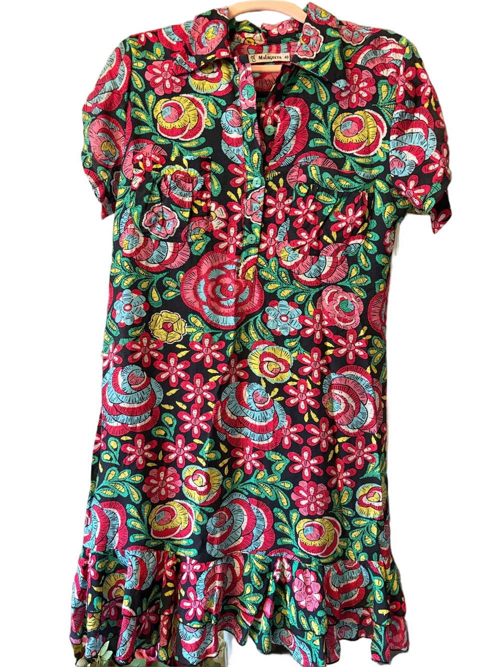 Malagueta collared short sleeve colorful floral patterned dress EU 40 US size 8.